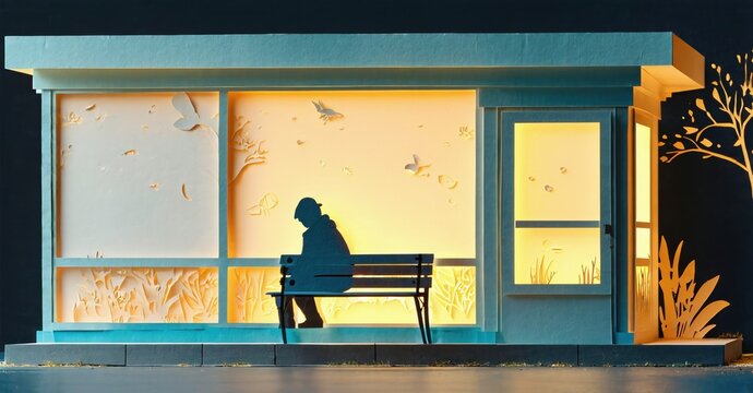 Miniature bus stop scene. Person sits, illuminated by warm light. Paper cutouts depict nature, creating cozy atmosphere. Simple design.