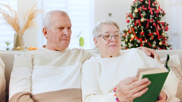 Elderly couple enjoys reading together by a Christmas tree while celebrating New Year in a cozy living room