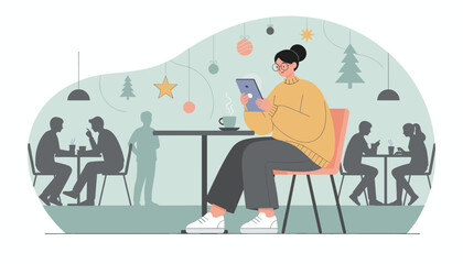 Woman working remotely on a tablet in a cozy decorated winter cafe Digital connection and leisure