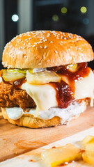 Korean fried chicken katsu burger with panko-crusted thigh, brioche bun, special sauces, pickles, and cheese. Crispy, juicy, and packed with flavor. Asian fusion delight.