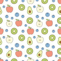 Colorful seamless fruit pattern with apples, pears, avocados, kiwis, berries, and cherries on pastel pink-blue waves. Fun fresh design for packaging and kids goods, Vector illustration
