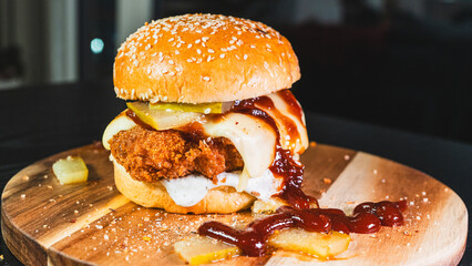 Korean fried chicken katsu burger with panko-crusted thigh, brioche bun, special sauces, pickles, and cheese. Crispy, juicy, and packed with flavor. Asian fusion delight.
