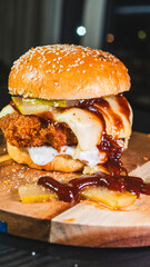 Korean fried chicken katsu burger with panko-crusted thigh, brioche bun, special sauces, pickles, and cheese. Crispy, juicy, and packed with flavor. Asian fusion delight.