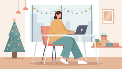 Working remotely during the holidays Woman uses laptop in a modern festive home office setting