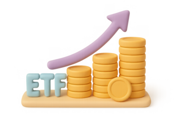 Growing etf investment concept with rising arrow and coin stacks in 3d