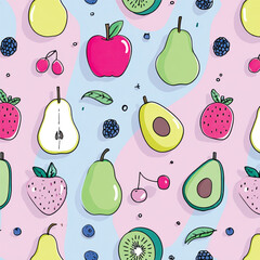 Playful seamless pattern with apples, kiwis, avocados, and blueberries in pastel tones. Fresh healthy food design perfect for packaging, kids products, and decor.. Vector illustration