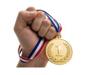 Hand holding a gold medal with number one