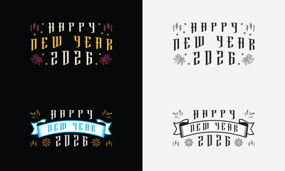 Happy New Year 2026 vector logo collection. Six unique typographic styles, perfect for greeting cards, event posters, and apparel.