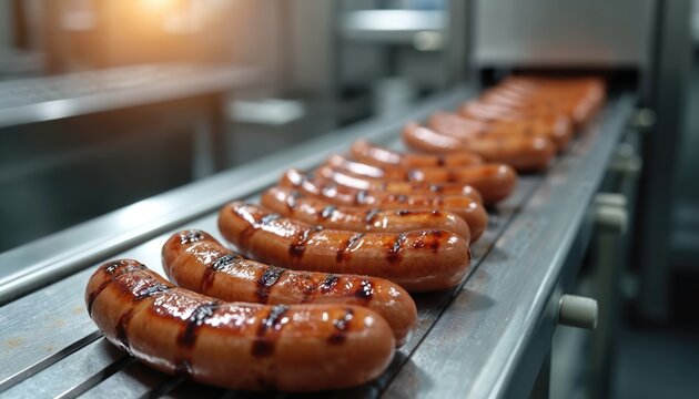 Line of grilled sausages move on automated conveyer belt in factory. Meat products cook on production machine, prepare for packaging and distribution. Food industry. - Powered by Adobe
