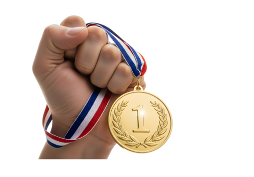 Hand holding a gold medal with number one