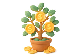 Clay style money tree with dollar coins depicting financial growth