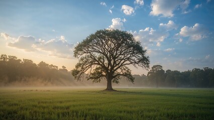A solitary tree in a field during sunrise or sunset with mist and scattered clouds in the sky.