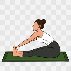 Paschimottanasana pose. Hand-drawn illustration of a woman practicing yoga on a mat. Relaxing and mindful pose symbolizing balance, harmony, and self-care