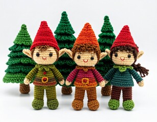 Fototapeta premium Petits lutins réalisés au crochet, isolés sur fond blanc. Generated Image.