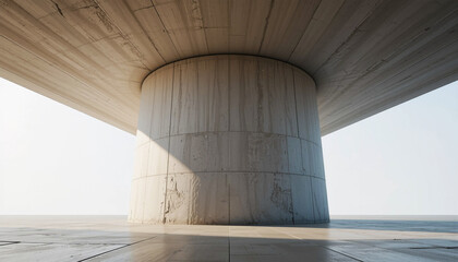 Underneath a concrete bridge structure with a bright sky