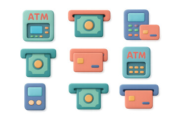 Colorful 3d atm icons with currency and credit card elements