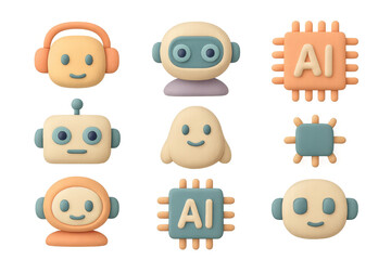 Cute artificial intelligence icons in clay style for technology design