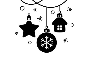 Hanging Christmas tree decorations and snowflakes. Black silhouette. Front and side view. Vector simple flat graphic illustration. Isolated object on a white background.