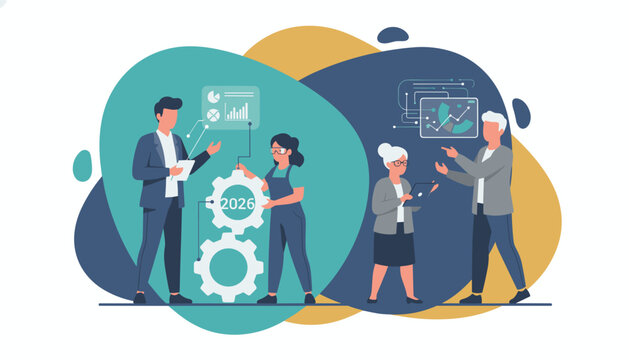 Multigenerational business team collaborating on strategic planning data analysis and 2026 growth goals