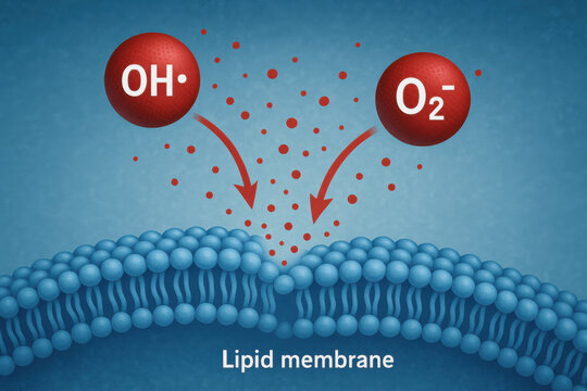 Free radical attack on lipid membrane, an illustration of oxidative stress. This molecular biology diagram shows cellular damage from hydroxyl and superoxide radicals