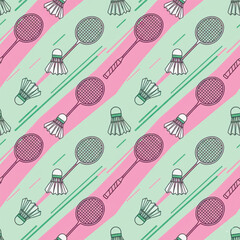 SDynamic seamless badminton pattern with rackets and shuttlecocks on pastel pink-mint background. Sporty, playful, modern design for textile and print. Vector illustration