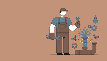 Plumber fixing a burst pipe decorated for Christmas Holiday maintenance and repair services illustration
