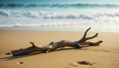 Weathered driftwood log rests on a sandy beach with gentle ocean waves
