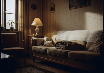 Warm living room with vintage lamp and cozy blanket