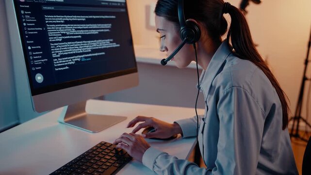 Female developer engaged in late night programming, Latenight computer work performed by focused female coder, Woman with headphones diligently working on her large screen at night