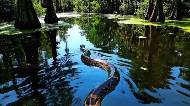 Large snake swimming in a tranquil swamp with cypress trees reflecting in calm water on a sunny day