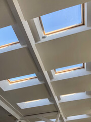 Multiple skylight windows installed in a contemporary sloped ceiling, showcasing modern interior architecture, natural light design, and bright attic space for residential and commercial concepts