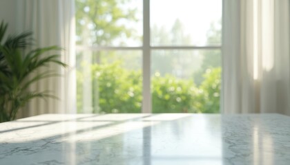 Marble table surface offers clean space for product display. Blurred window rich green garden view. Natural light illuminates tabletop creating serene atmosphere. Ideal backdrop for retail lifestyle