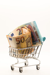 Close-up Perspective of European Currency: Fanned Stack of Euro Notes (50, 20) in a Small Metal Shopping