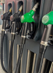 Refilling equipment at a gas station, close up. Filling station, petrol station, fuel station, gasoline station, refueling station