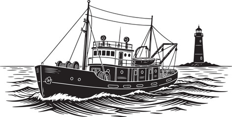 Fishing boat and lighthouse at sea