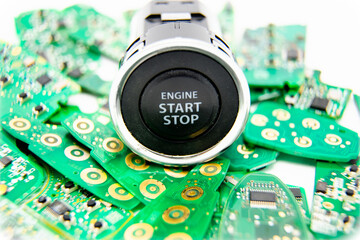 Push button ignition on a pile of key fob circuit boards