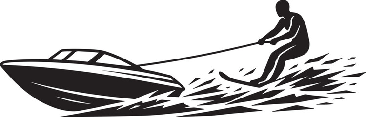 Silhouette of a person water skiing behind a boat