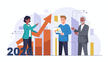 Business people planning 2026 financial goals showing successful growth and collaboration