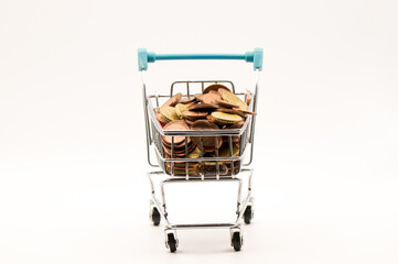Front View of Fiscal Wealth: Tiny Shopping Trolley Fully Loaded with Bronze and Gold Euro Cents