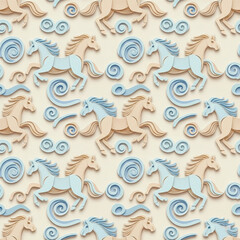 Soft pastel paper-cut style pattern featuring layered horses and swirling shapes. Gentle 3D crafted look ideal for kids decor, textiles, and packaging. Vector illustration