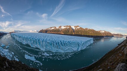 Glacier on the landscape with mountains and sky, Arctic landscape, natural ice formation, scenic view of glaciers and water.