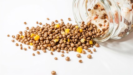 Loose chickpeas with corn pieces spilled from a jar, on a white background.