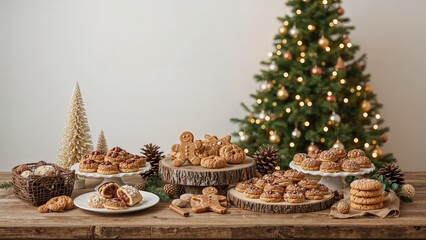 A festive holiday scene with Christmas tree, cookies, pinecones, and holiday treats displayed on a wooden table.