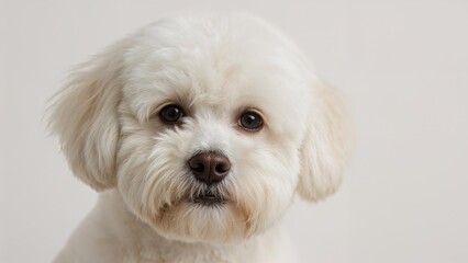 A cute white dog with fluffy fur and dark eyes looking directly at the camera.