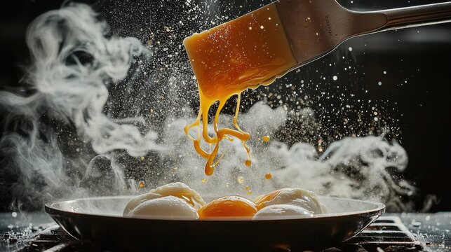 Spatula flipping fast eggs golden yolk streaming arcs air dramatic motion steam splash pan professional cooking dynamic culinary technique kitchen action