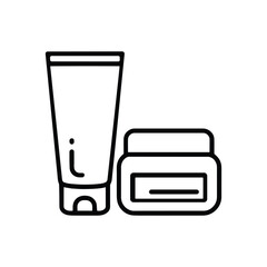 Black line art icons of a cosmetic tube and jar, representing skincare products
