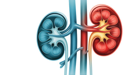Human kidneys, with arteries and veins in contrasting colors, cutout, PNG isolated on white or transparent background