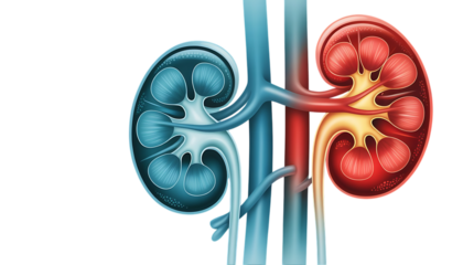 Human kidneys, with arteries and veins in contrasting colors, cutout, PNG isolated on white or transparent background