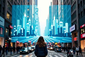 Futuristic Cityscape Holographic Projection on Floating Screen in Urban Street