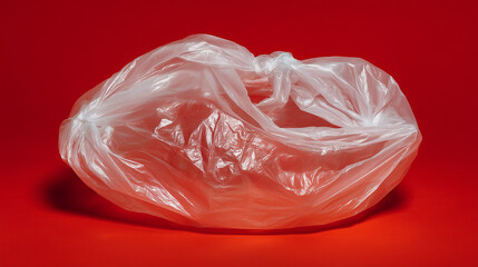 high-resolution close-up of a single white plastic bag lying on a vibrant red background. Soft studio lighting, realistic texture of crinkled plastic, minimalistic composition, sha